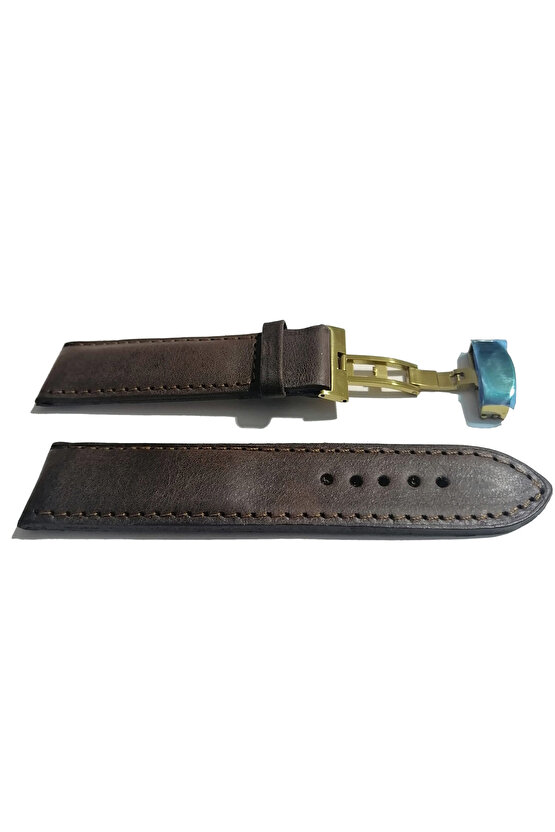 &Hertür Saate &Uygun Kelebek Toka 24 MM koyu kahverengı kordon (449 ) altın rengi toka