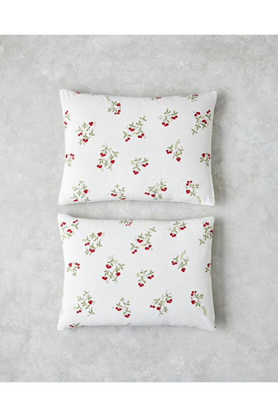 Cherry Blossom Kolay Ütülenir 2li Yastık Kılıfı 50x70 cm Beyaz - Kırmızı