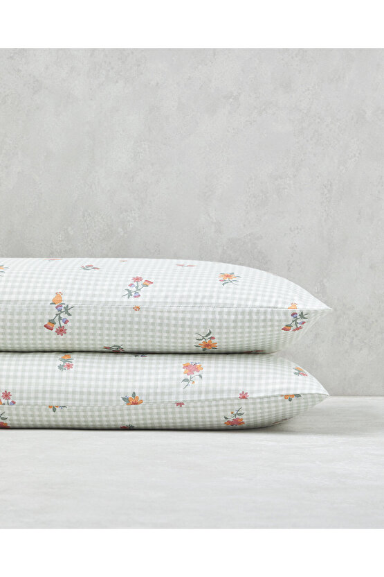 Floral Plaid Kolay Ütülenir 2li Yastık Kılıfı 50x70 cm Pembe - Yeşil