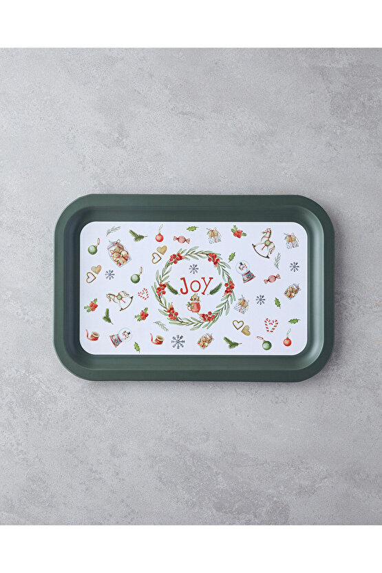 New Year Joy Metal Tepsi 35x23 cm Yeşil