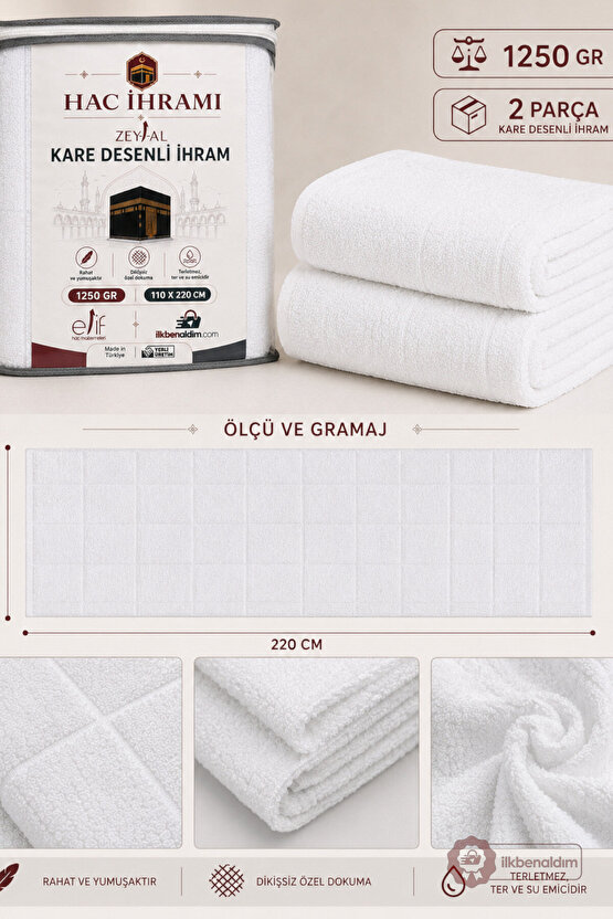 Kare Desenli Hac İhramı 2 Parça 1250 GR 110x220 cm Umre İhramı