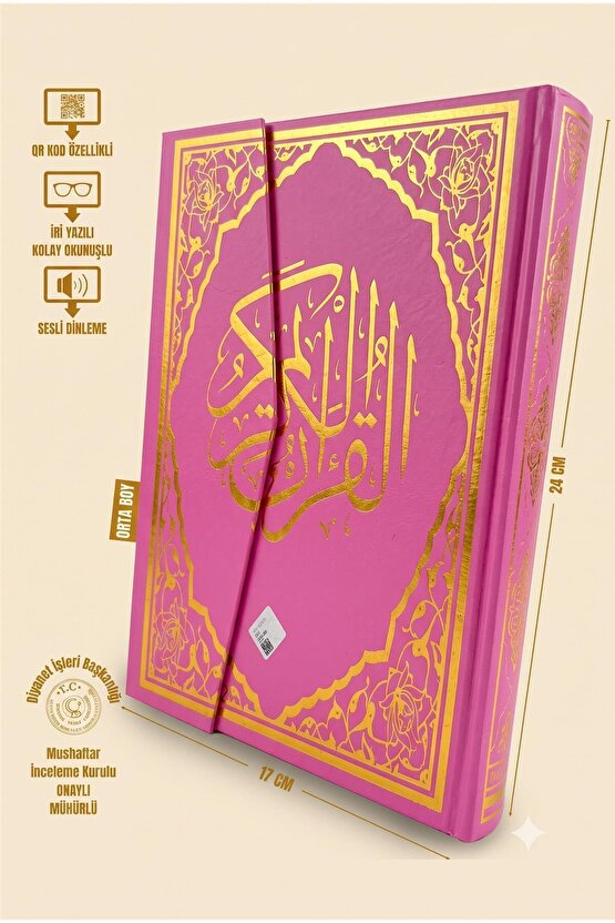 Orta Boy Pembe Kuran-ı Kerim Bilgisayar Hatlı (17x24) - QR Kodlu, Pembe Özel Cilt