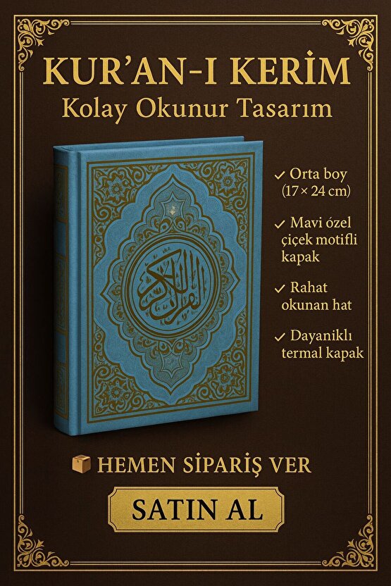 kuranı kerim orta boy mavi renk 17x24 cm renkli kuranı kerim kolay okunabilen