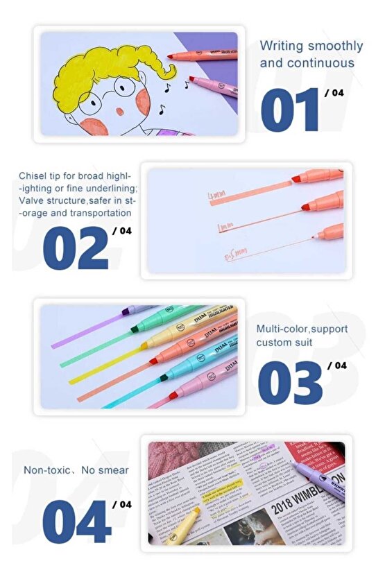 Çok Renkli Pastel Highlighter 6 Renk Fosforlu Kalem Seti Çift Taraflı