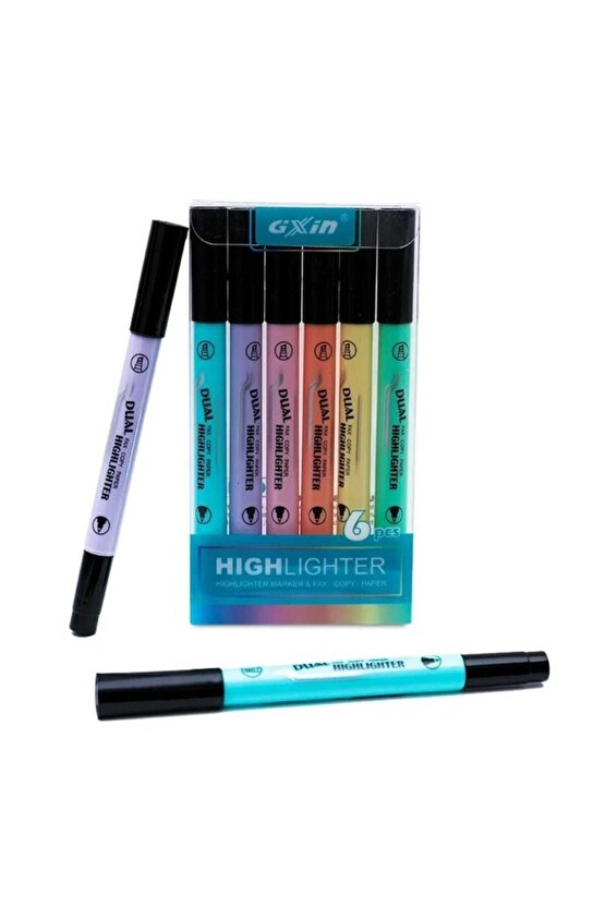 Çok Renkli Pastel Highlighter 6 Renk Fosforlu Kalem Seti Çift Taraflı