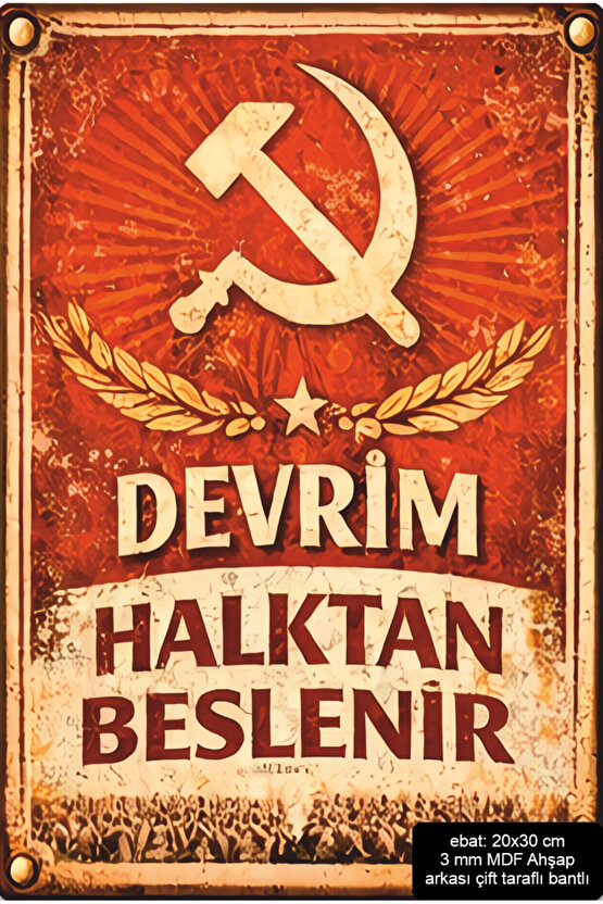 devrim orak çekiç sol sosyalist komünist devrim mdf tablo retro ahşap poster