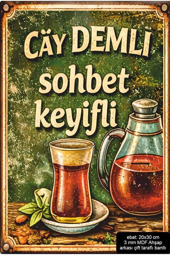 çay demli sohbet keyifli retro ahşap poster mdf tablo