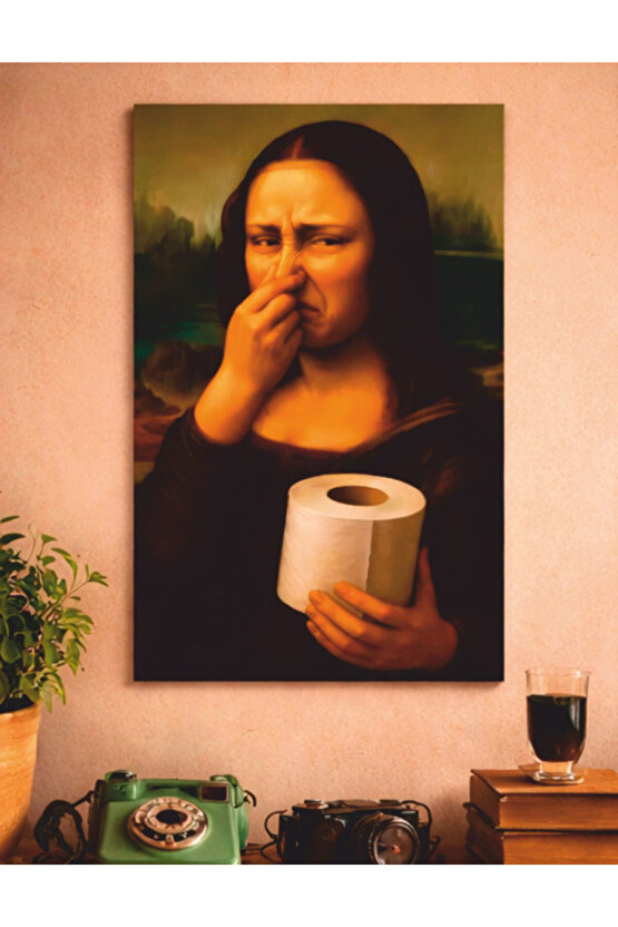 tuvalette pis koku burnunu kapatan mona lisa mdf tablo ahşap poster