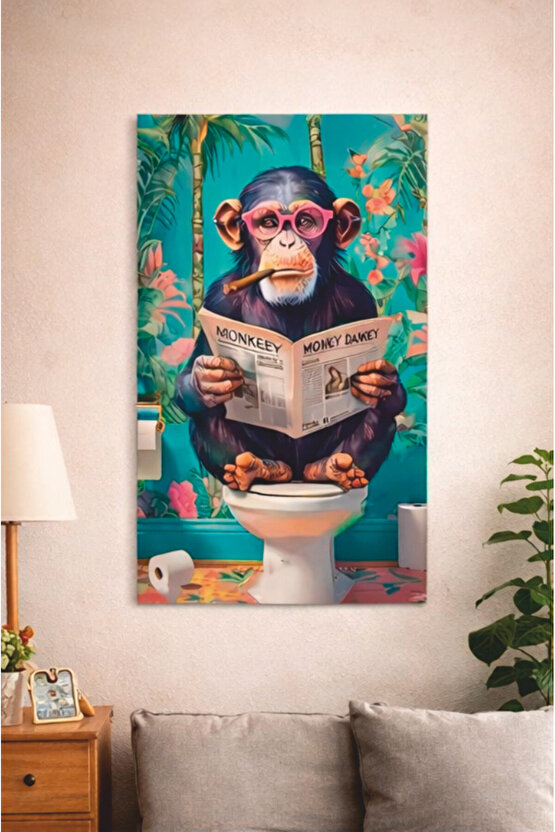 banyo tuvalet wc klozetteki gazete okuyan maymun mdf tablo ahşap poster