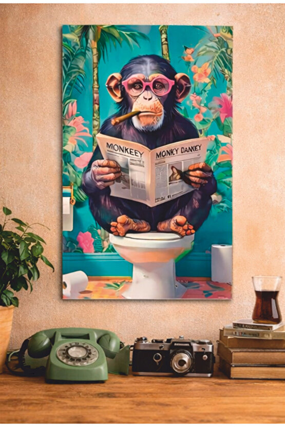 banyo tuvalet wc klozetteki gazete okuyan maymun mdf tablo ahşap poster