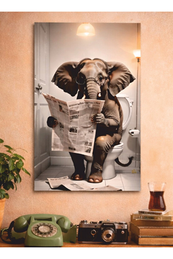 wc banyo tuvalet lavabo klazotte gazete okuyan fil mdf tablo ahşap poster