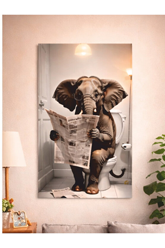 wc banyo tuvalet lavabo klazotte gazete okuyan fil mdf tablo ahşap poster