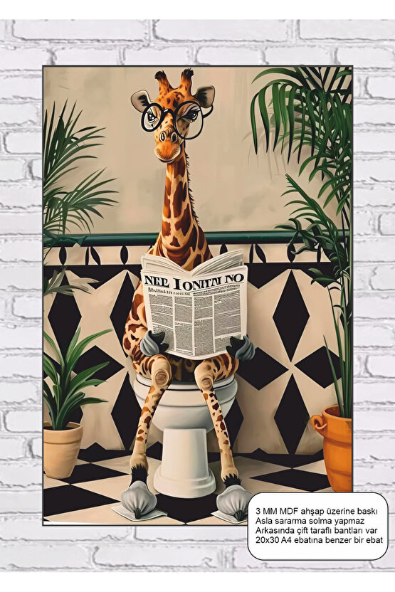 tuvalet klozetinde gazete okuyan zürafa banyo tablo mdf tablo ahşap poster