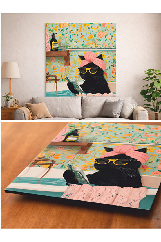 banyo mdf ahşap tablosu küvetteki kitap okuyan süslü kedi posteri