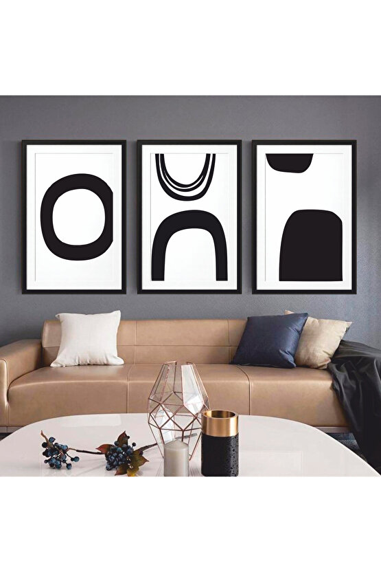 siyah beyaz minimalist geometrik şekiller 3 parça çerçeve görünümlü mdf tablo seti salon antre