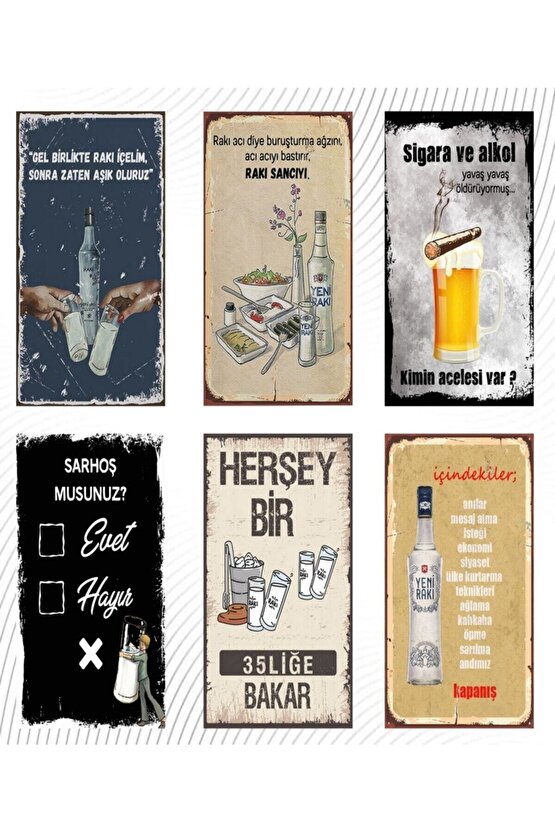 Rakı Ve Bira Temalı 6lı Ahşap Duvar Poster Seti - Hbb Özel Seri