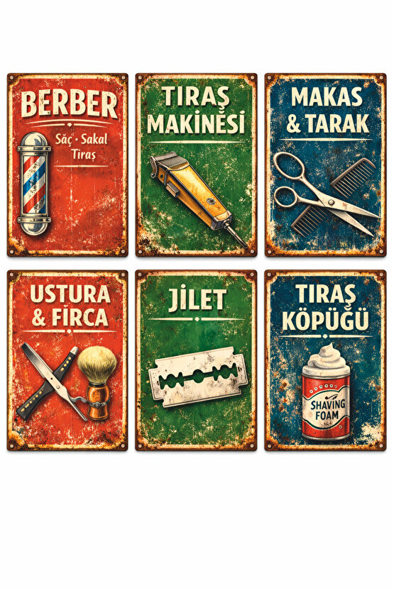 eski nostaljik mahalle serisi 6 parça berber dükkanı dekorasyonu mdf tablo retro ahşap poster seti