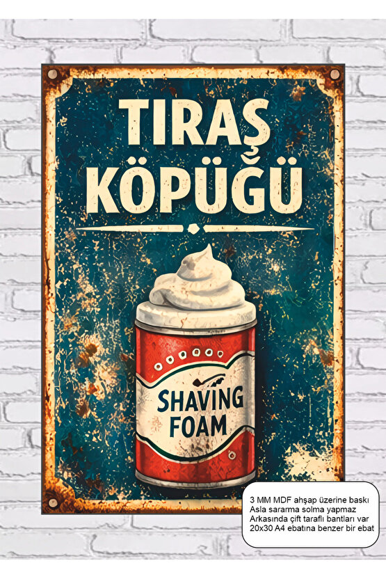 eski nostaljik mahalle serisi berber dükkanı tıraş köpüğü mdf tablo retro ahşap poster