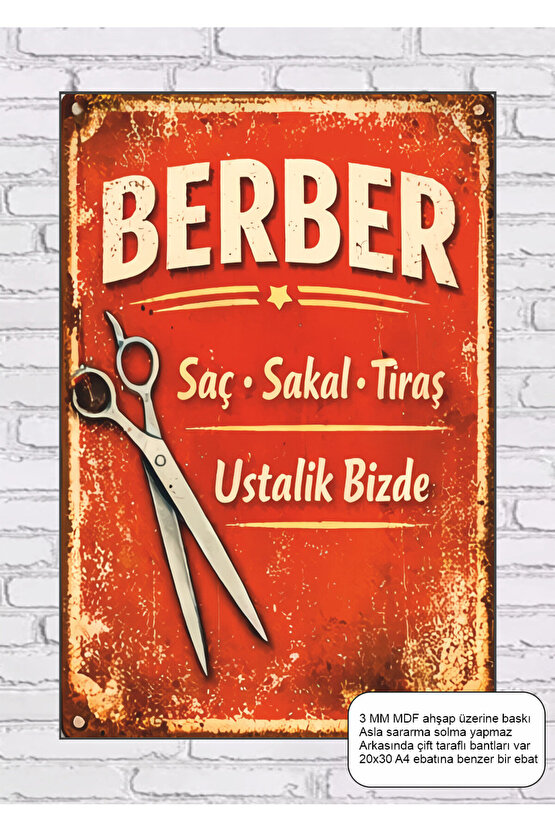 eski mahalle nostalji serisi berber dükkanı mdf tablo retro ahşap poster