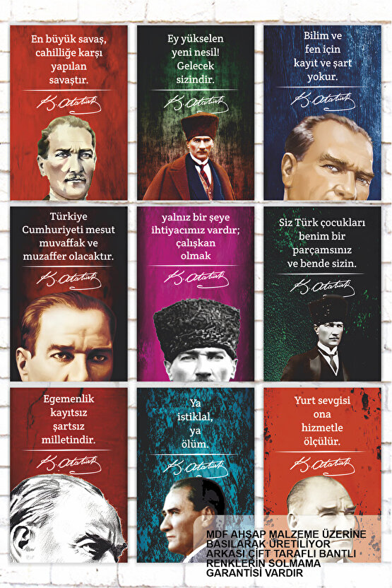 9 parça yazılı Atatürk Sözleri tablo seti mdf ahşap posterler