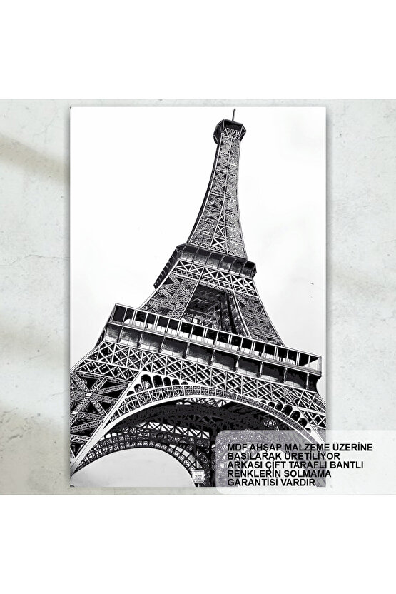 fransa paris eyfel kulesi siyah beyaz fotoğraf retro ahşap poster tablo