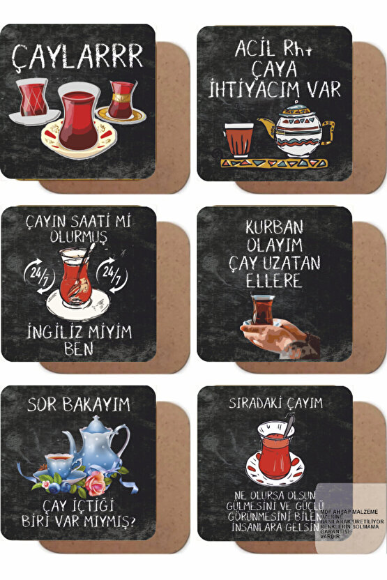komik esprili güzel anlamlı çay sözleri duvar yazıları 6lı retro ahşap bardak atlığı seti