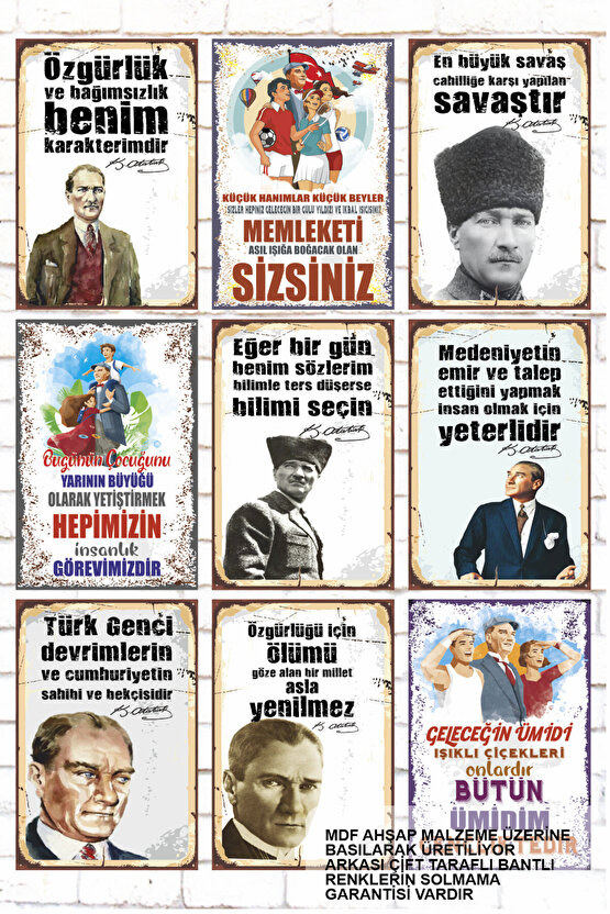9 Parça Karışık Ahşap Tablo Seti  Mustafa Kemal Atatürk sözler duvar yazıları retro ahşap posterler