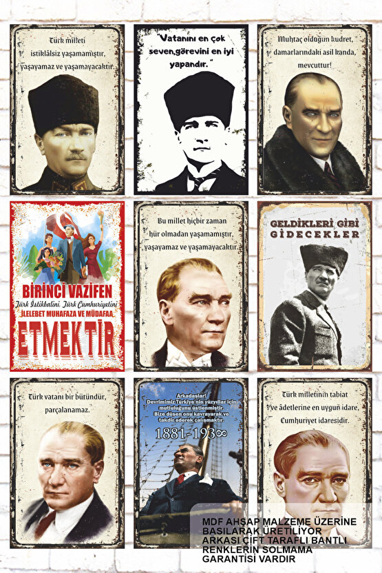 Atatürk diyor ki  9 Parça Karışık Ahşap Tablo Seti  Atatürk sözleri posterleri