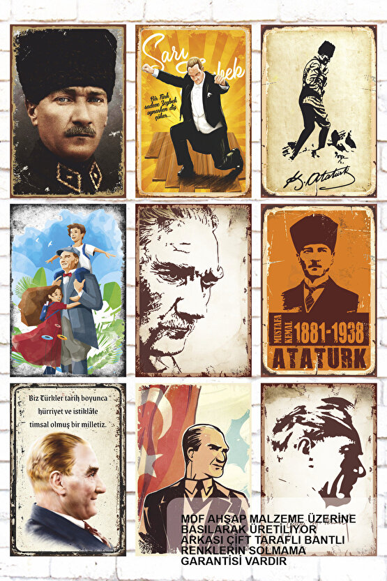 9 Parça Karışık Ahşap Tablo Seti  Atatürk Zeybek Efe oynarken poster seti