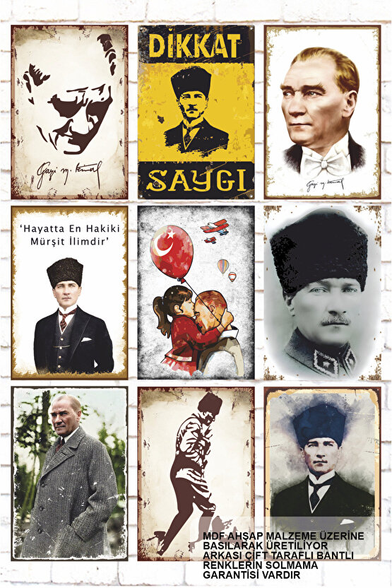 Mustafa Kemal Atatürk resimleri  9 Parça Karışık Ahşap Tablo Seti  ahşap posterler