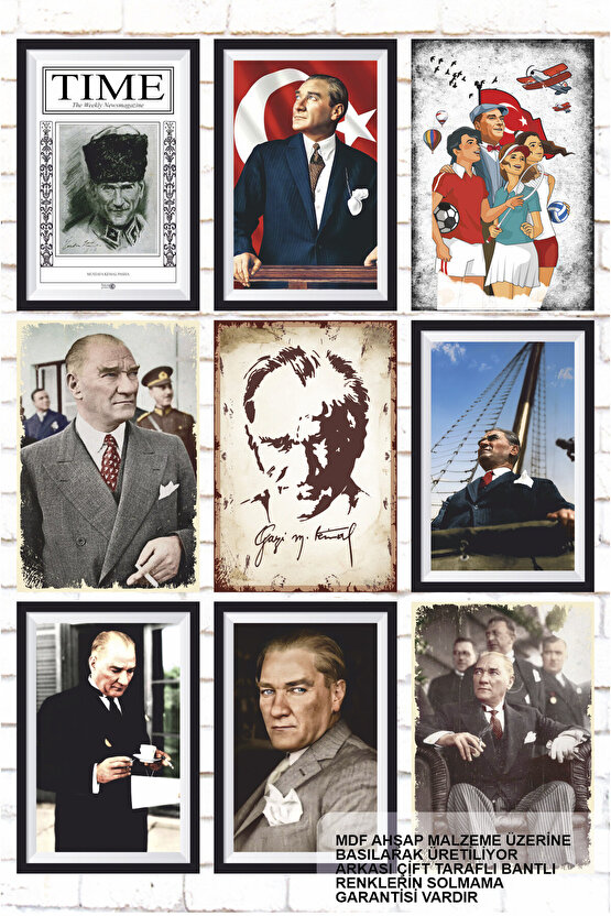 9 Parça Karışık Ahşap Tablo Seti Mustafa Kemal Atatürk tabloları posterleri seti