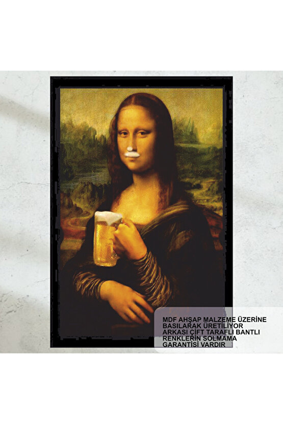 köpüklü bira içen mona lisa tablosu eğlenceli komik retro ahşap poster
