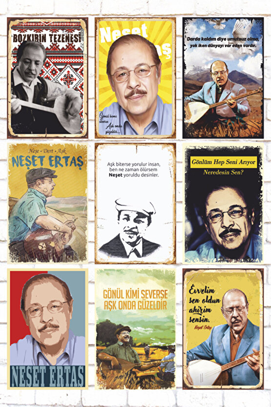 9 Parça Karışık Ahşap Tablo Seti neşet ertaş halk türküleri şarkıları retro ahşap poster seti