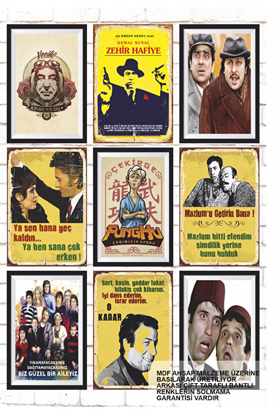 9 Parça Karışık Yazılı Ahşap Tablo Seti türk sineması yeşilçam filmler replikler posterleri