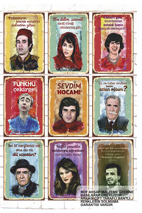 9 Parça Karışık Yazılı Ahşap Tablo Seti yeşilçam türk sineması sahneler replikler oyuncular poster