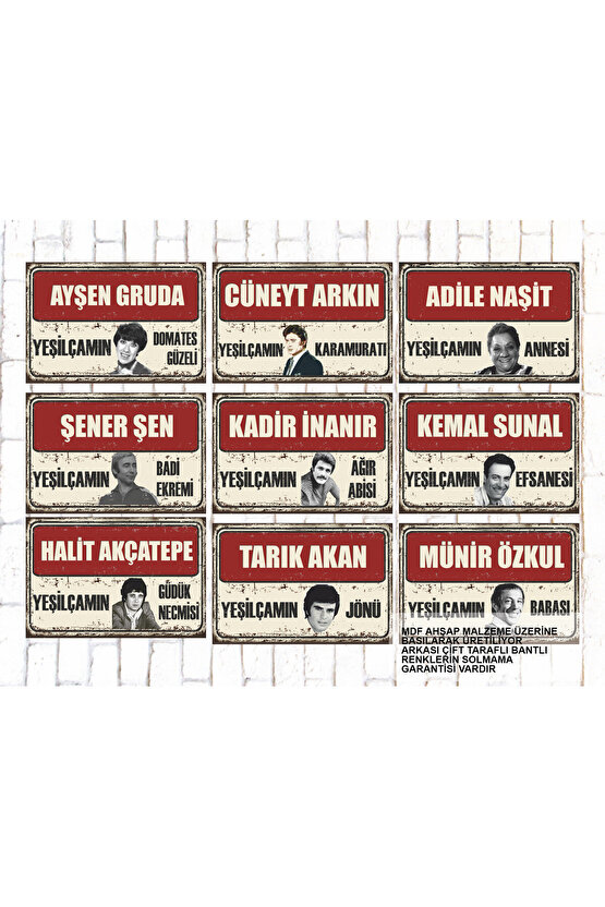 9 Parça Karışık Yazılı Ahşap Tablo Seti yeşilçam türk sineması oyuncuları portreleri