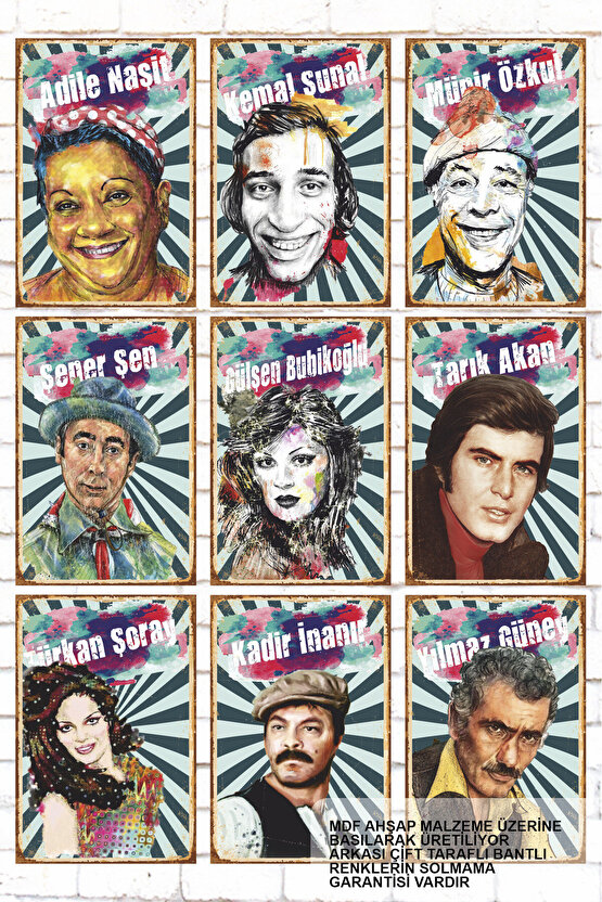 9 Parça Karışık Yazılı Ahşap Tablo Seti yeşilçam türk sineması portreler retro ahşap poster seti