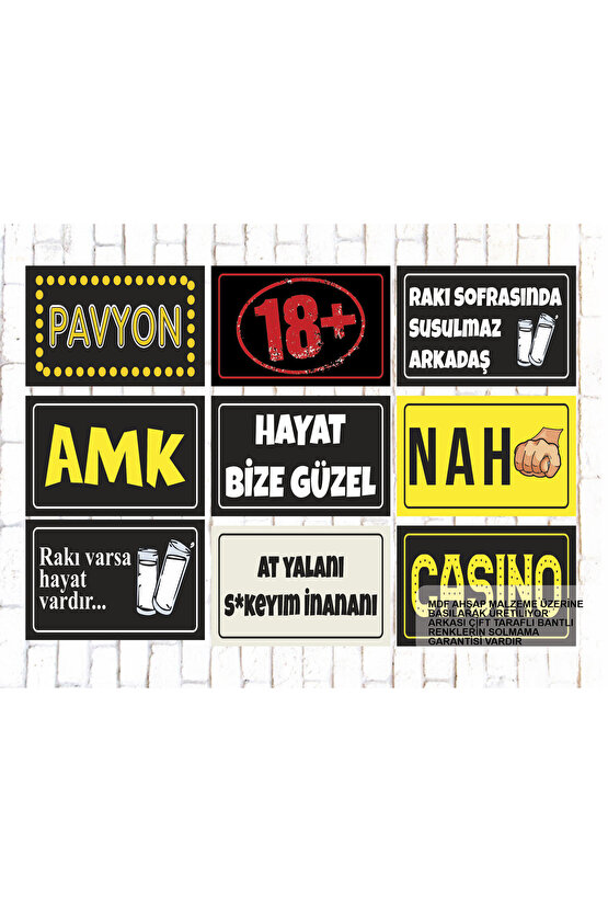 9 Parça Karışık Yazılı Ahşap Tablo Seti argo komik atarlı kamyon arkası sözler duvar yazıları