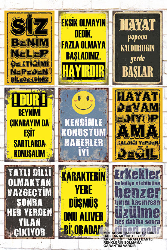 9 Parça Karışık Yazılı Ahşap Tablo Seti cesaret verici motivasyon komik esprili duvar yazıları