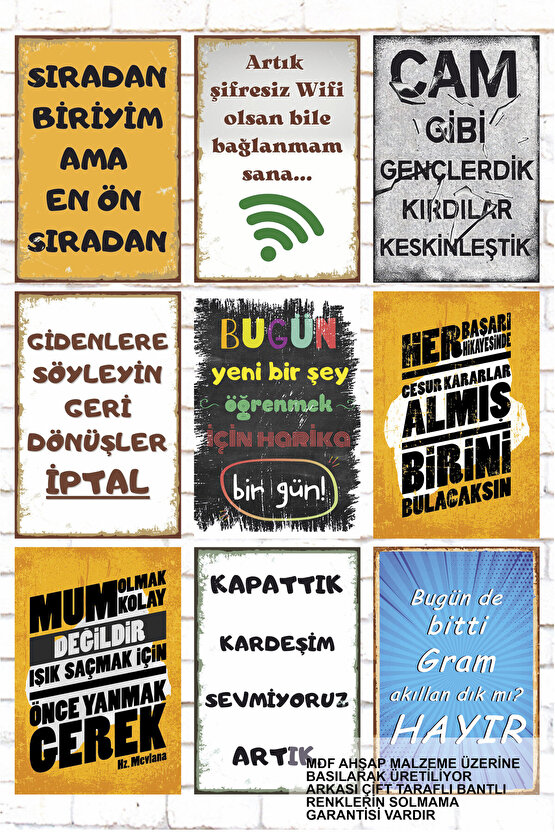 9 Parça Karışık Yazılı Ahşap Tablo Set esprili komik anlamlı kamyon arkası sözler duvar yazıları
