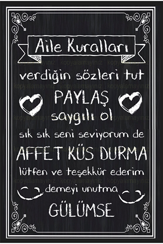 aile kuralları tablosu kara tahta tebeşir görünümlü ev mutfak dekorasyon tablo retro ahşap poster