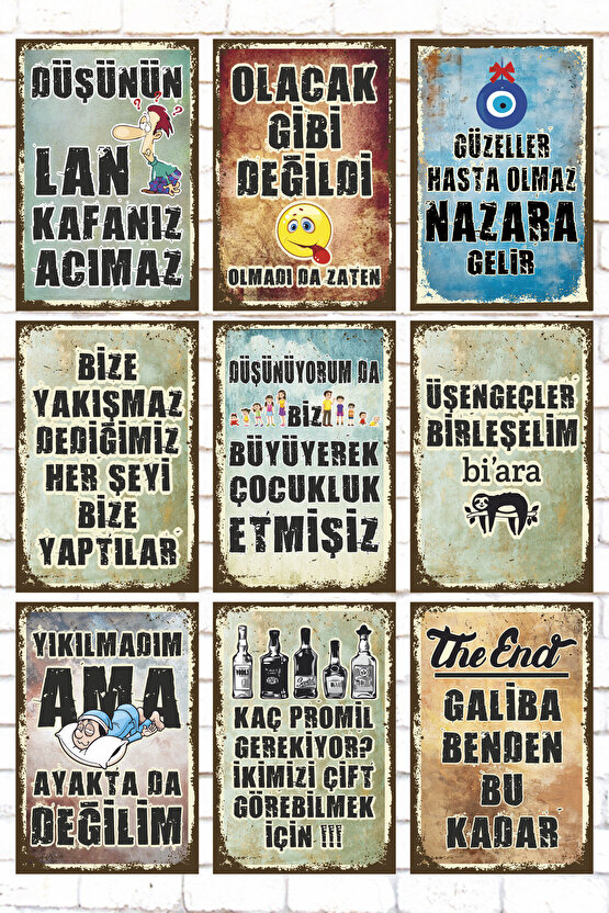 9 Parça Karışık Yazılı Ahşap Tablo Seti komik sözler duvar yazıları