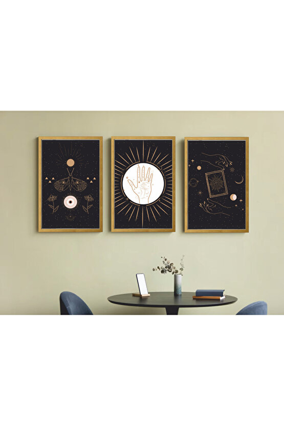 3 Parça Çerçeve Görünümlü Mdf Tablo Seti astroloji yıldızlar burçlar tarot