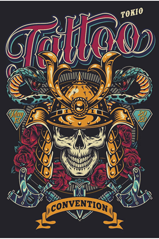 tatto tokio dövmeci geçici dövme kuru kafa deseni retro ahşap poster
