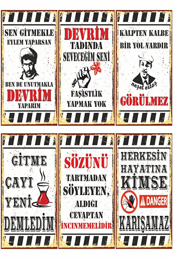 Neşet Çay Komik Atarlı Duvar Yazıları 6lı Mini Retro Ahşap Poster Seti