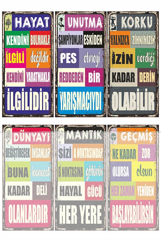 Renkli Eğlenceli Motivason Duvar Yazıları 6lı Mini Retro Ahşap Poster Seti