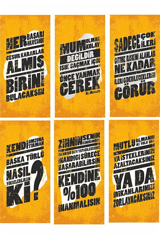 Vintage Tarz Cesaret Sözleri Duvar Yazışarı 6lı Mini Retro Ahşap Poster Seti