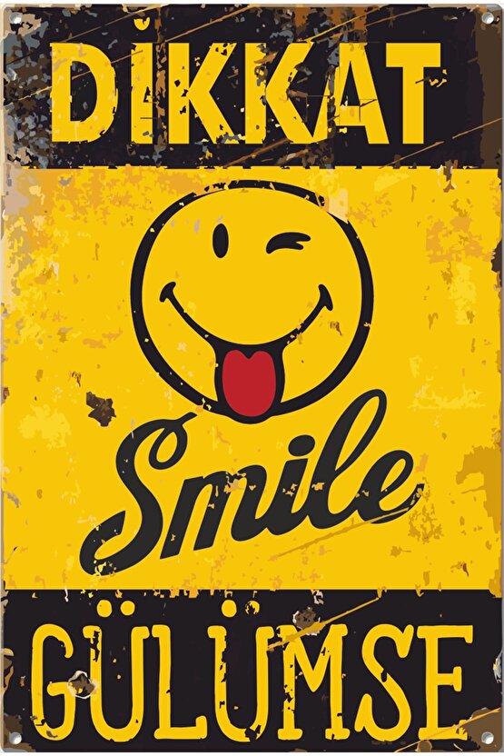 Dikkat Smile Emoji Dgülümse Uyarı Levhası Retro Ahşap Poster