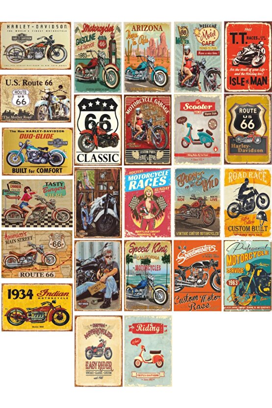 Klasik Motorlar Retro Vintage Motor Kolaj Seti - 24 Adet - Kuşe Kağıt Kaplamalı Poster Seti