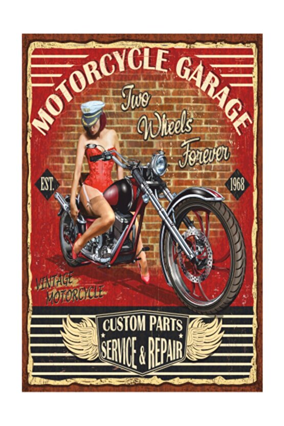Klasik Motor Garajı Retro Vintage Ahşap Poster